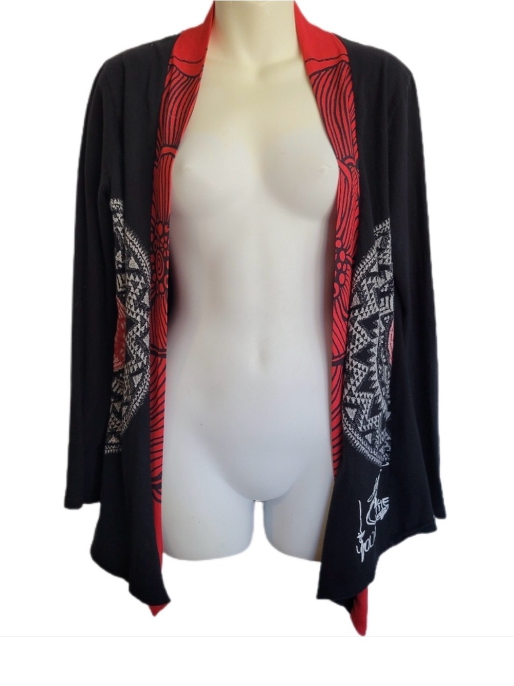 Desigual Black Cardigan with Red Trim and White Geometric Panels